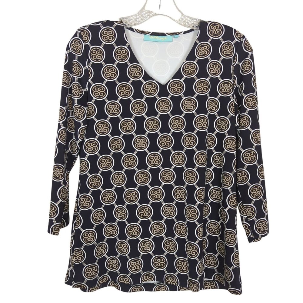 Anthony's Resort Wear 3/4" sleeve stretch V neck geometric print black tan sz S‎